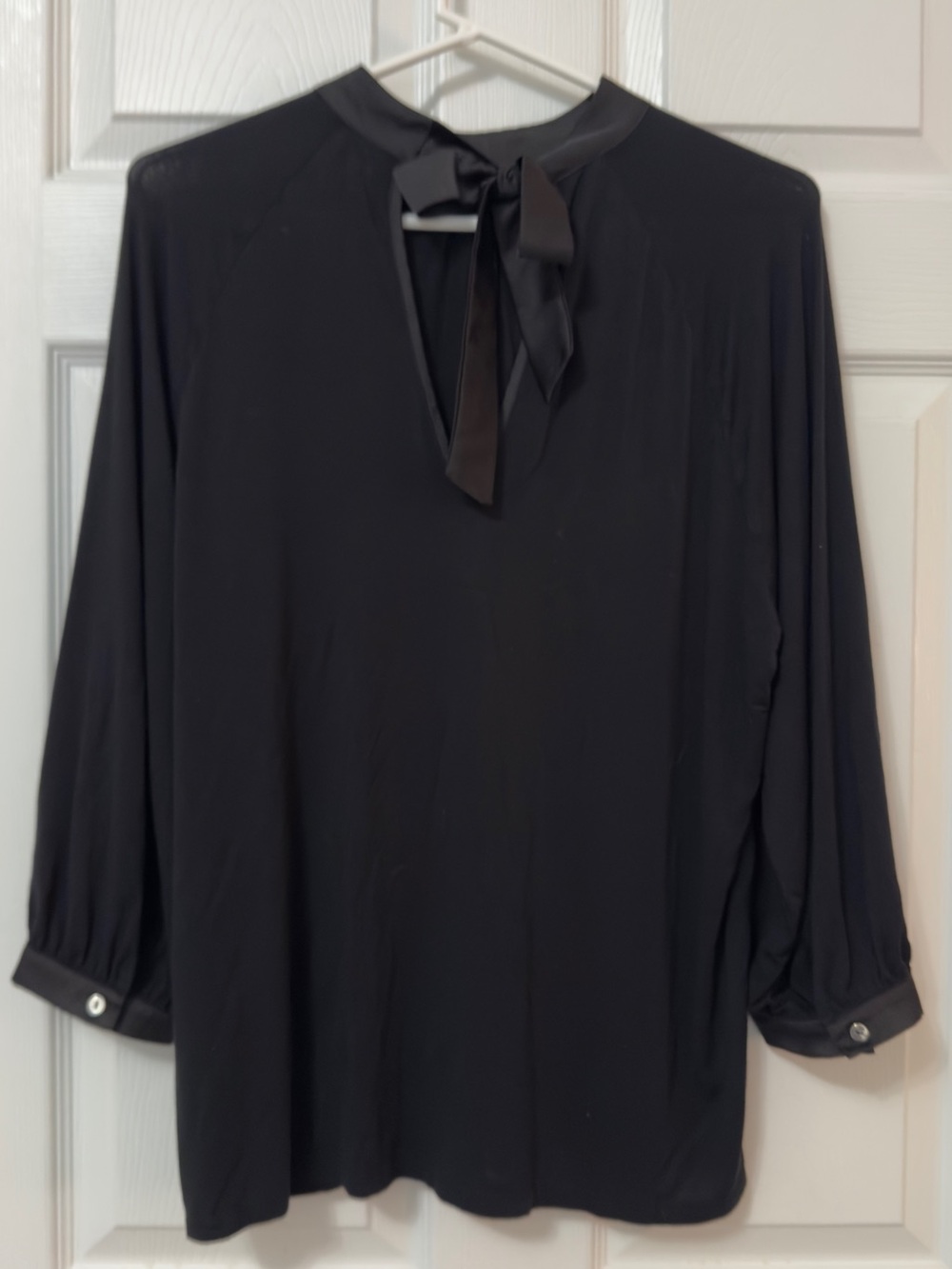 Women's Black Tie-Neck Blouse with Buttoned Cuffs